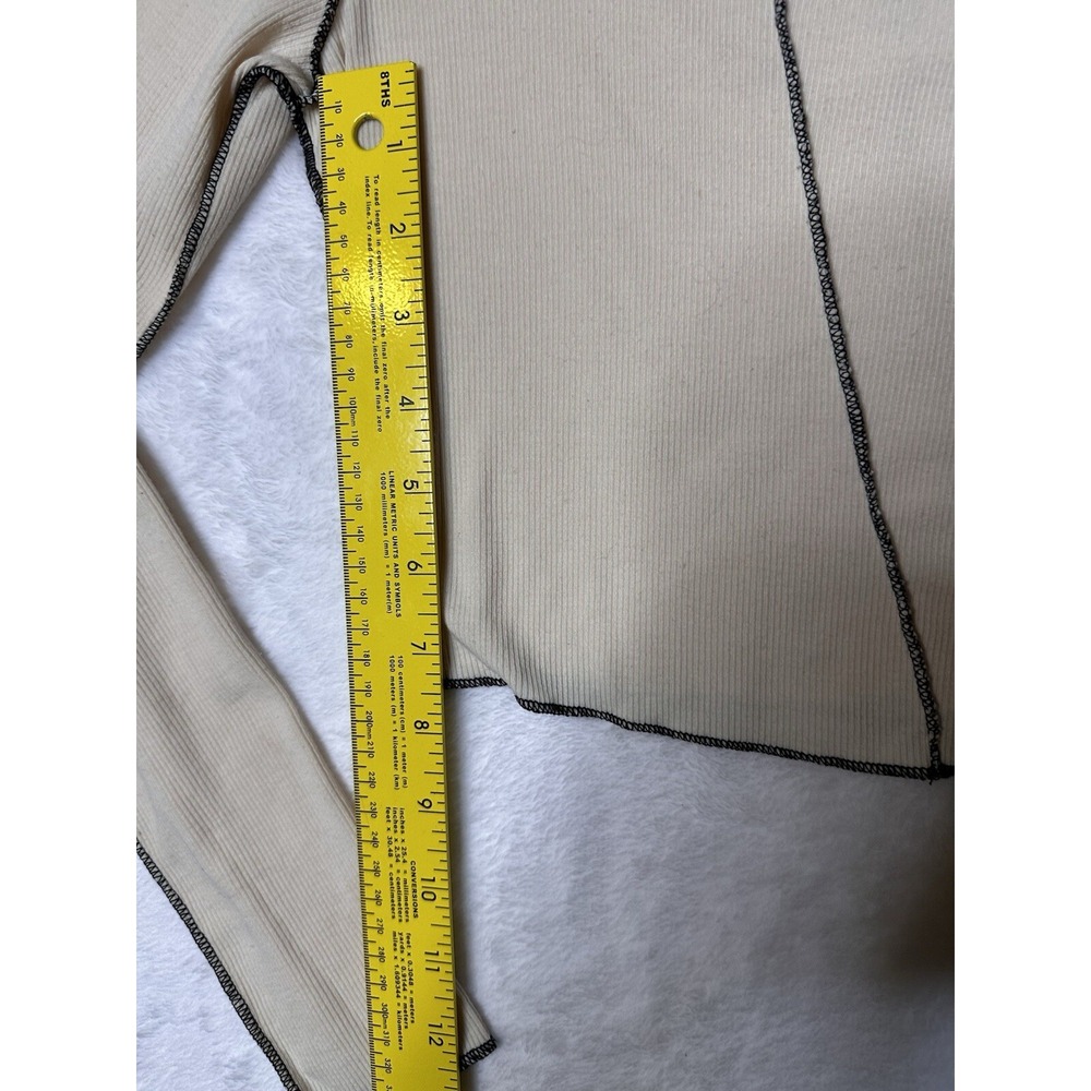 Princess Polly Crop Top Womens 4 Waffle Knit Off White Long Sleeve Black Trim - Picture 7 of 12